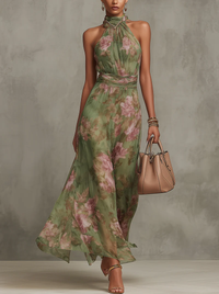 Serena - Abito lungo verde floreale in chiffon con scollo a halter