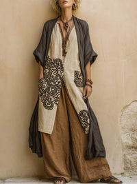 Giulia - Set Tre Pezzi Bohemien Nomade Grigio Scuro e Marrone con Motivo Tribale